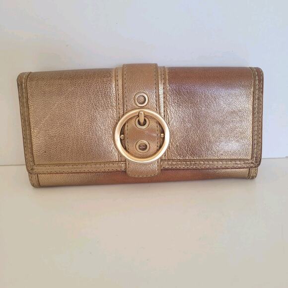 Coach Wallet All Leather Envelope 8x4 Large Buckle Gold Pink Metallic Clutch - Picture 1 of 9